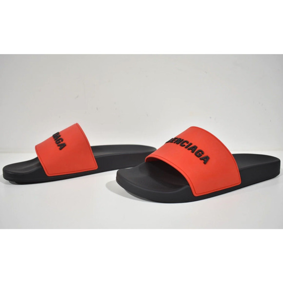 Balenciaga Black Red Bicolor Rubber Logo Slide Pool Sandal Flip Flop Flat 44 11 - Picture 10 of 12